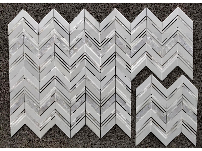 Mosaik chevron cangkang marmer putih Bianco