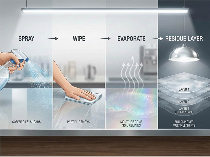 Spray-and-wipe quartz countertops cleaning causing residue buildup and visible haze