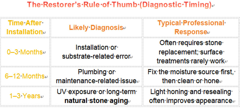 Table showing stone restoration issues by time after installation