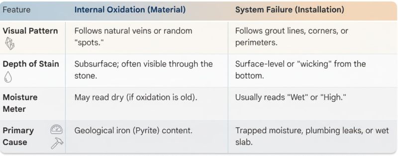 Comparison table of internal oxidation versus system installation failure.