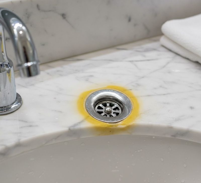Yellow staining around drain on white marble sink.
