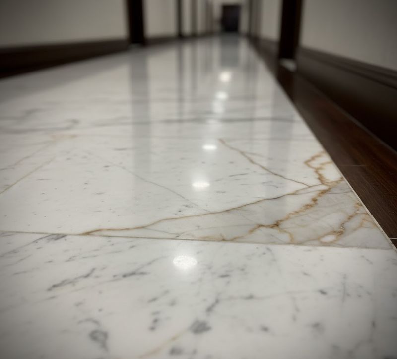 White marble hallway floor with yellow oxidation stains