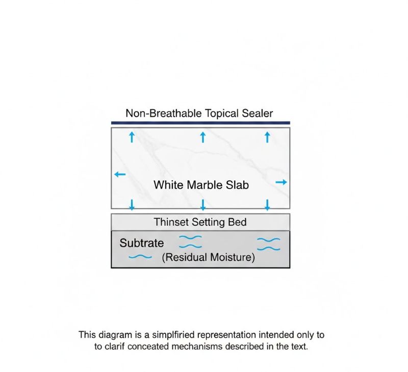 Diagram showing moisture trapped beneath sealed white marble slab.