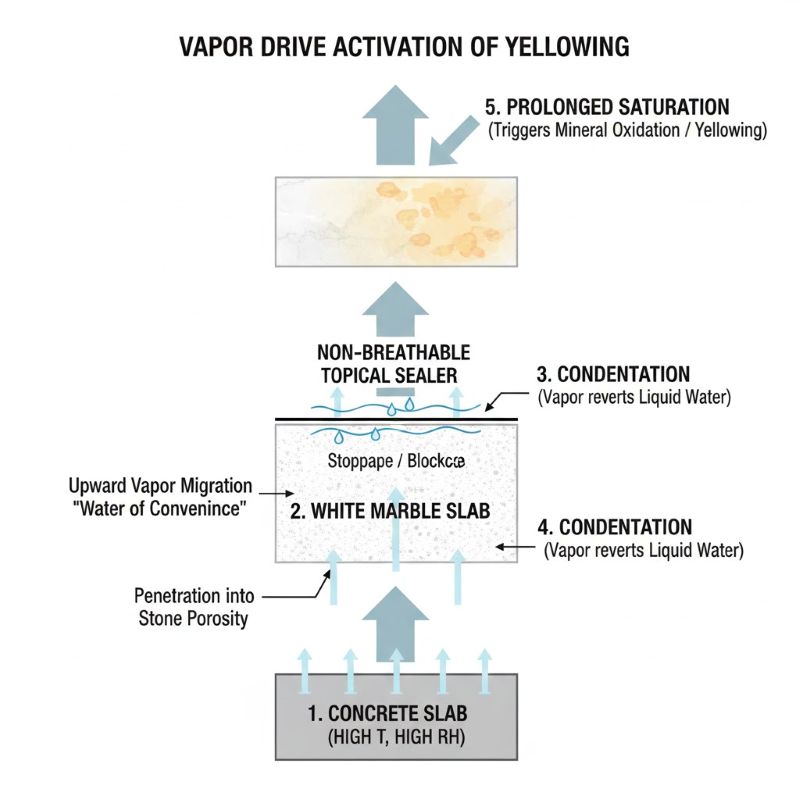 Diagram showing vapor-driven moisture causing marble yellowing.