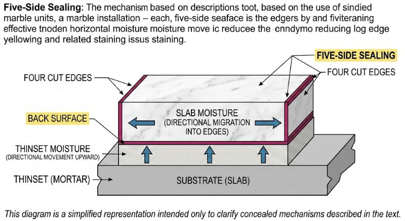 Diagram explaining five-side sealing to prevent marble moisture staining