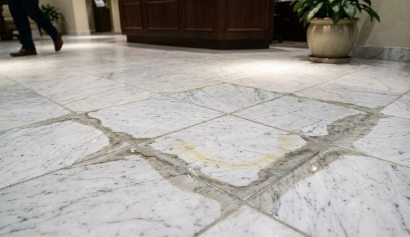 Marble floor tiles with moisture stains along grout lines