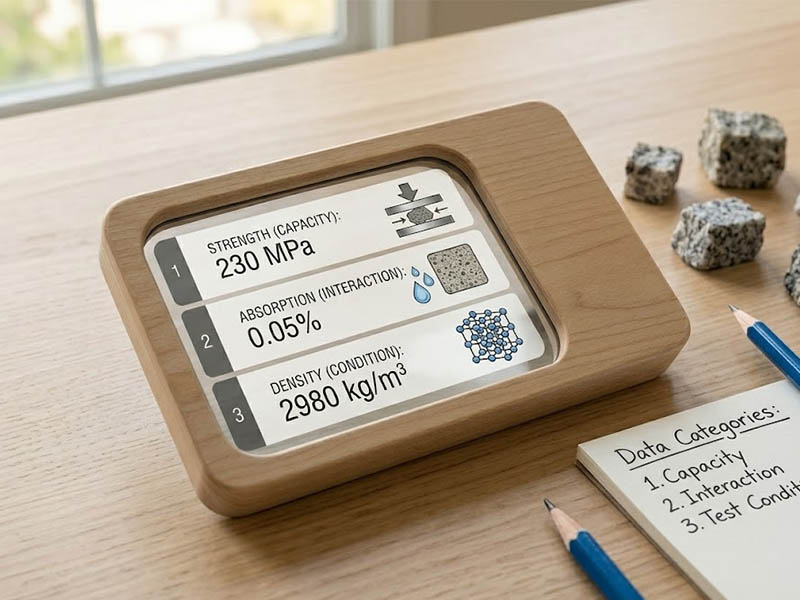 Wooden display showing properties on desk with granite samples
