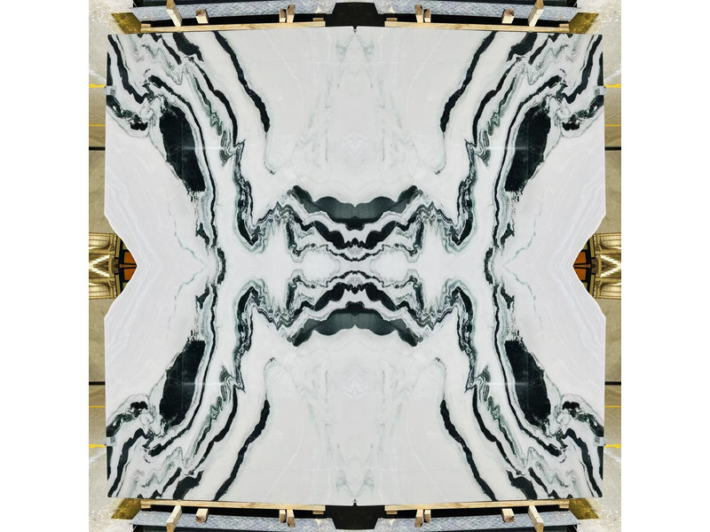 Bookmatched Panda White marble slab symmetrical pattern.