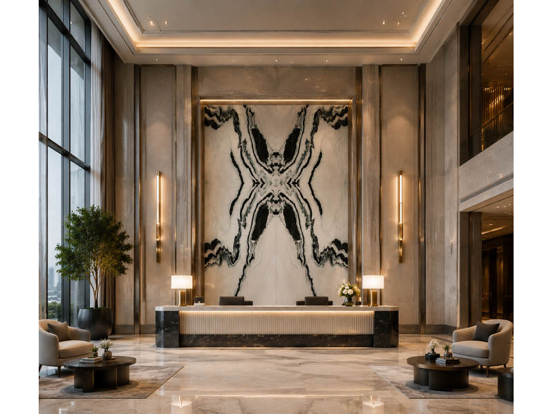 Panda White marble luxury hotel lobby reception desk.