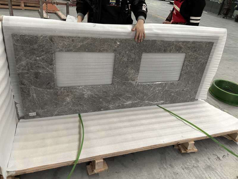 Hermes Grey marble vanity tops checked before export packing