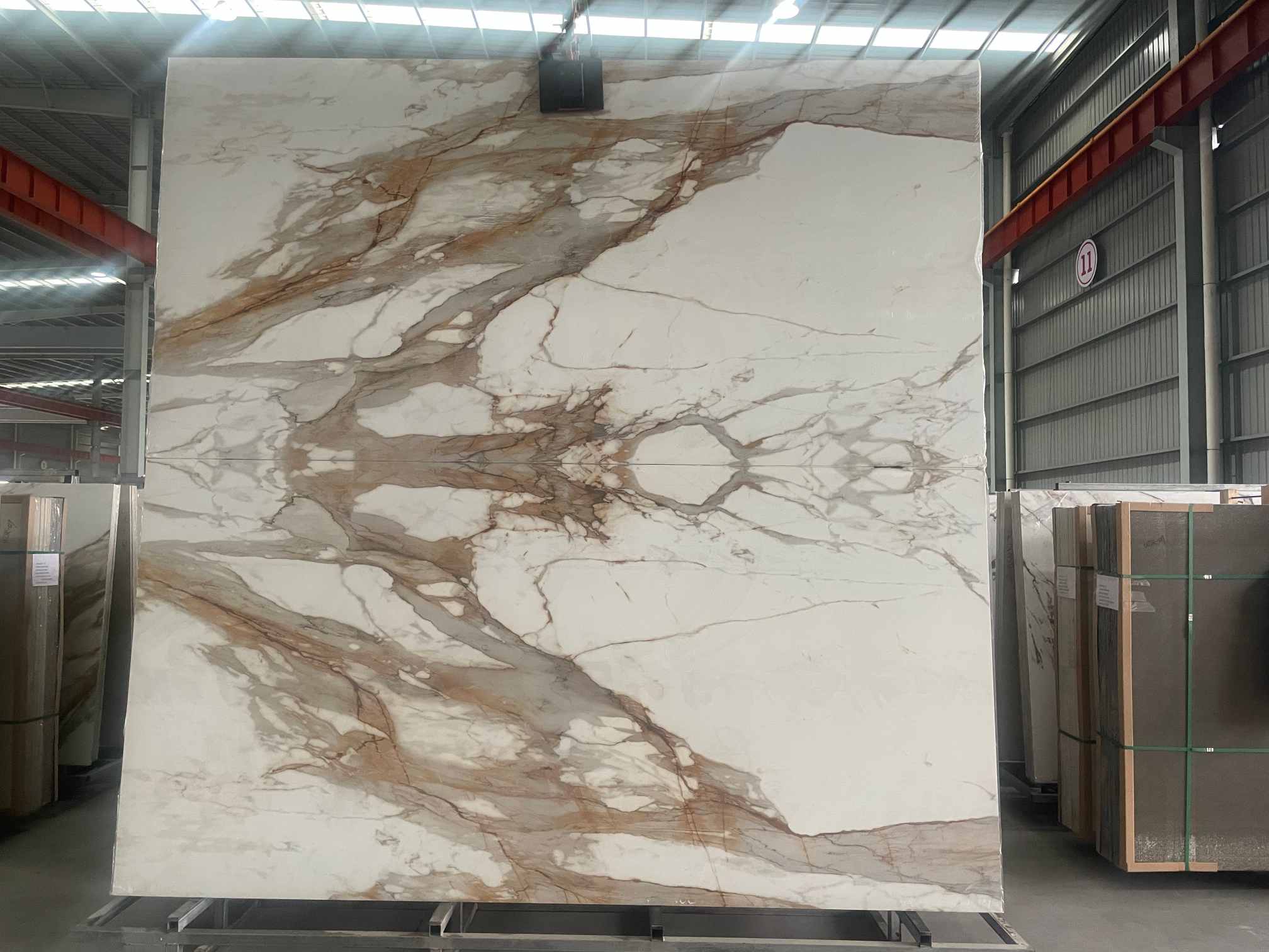 3200x1600 Calacatta-look sintered stone slab with gold gray veining