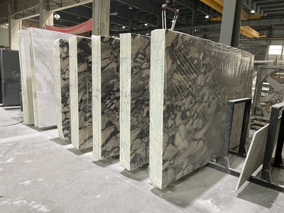 Calacatta Viola marble slabs prepared for project shipment