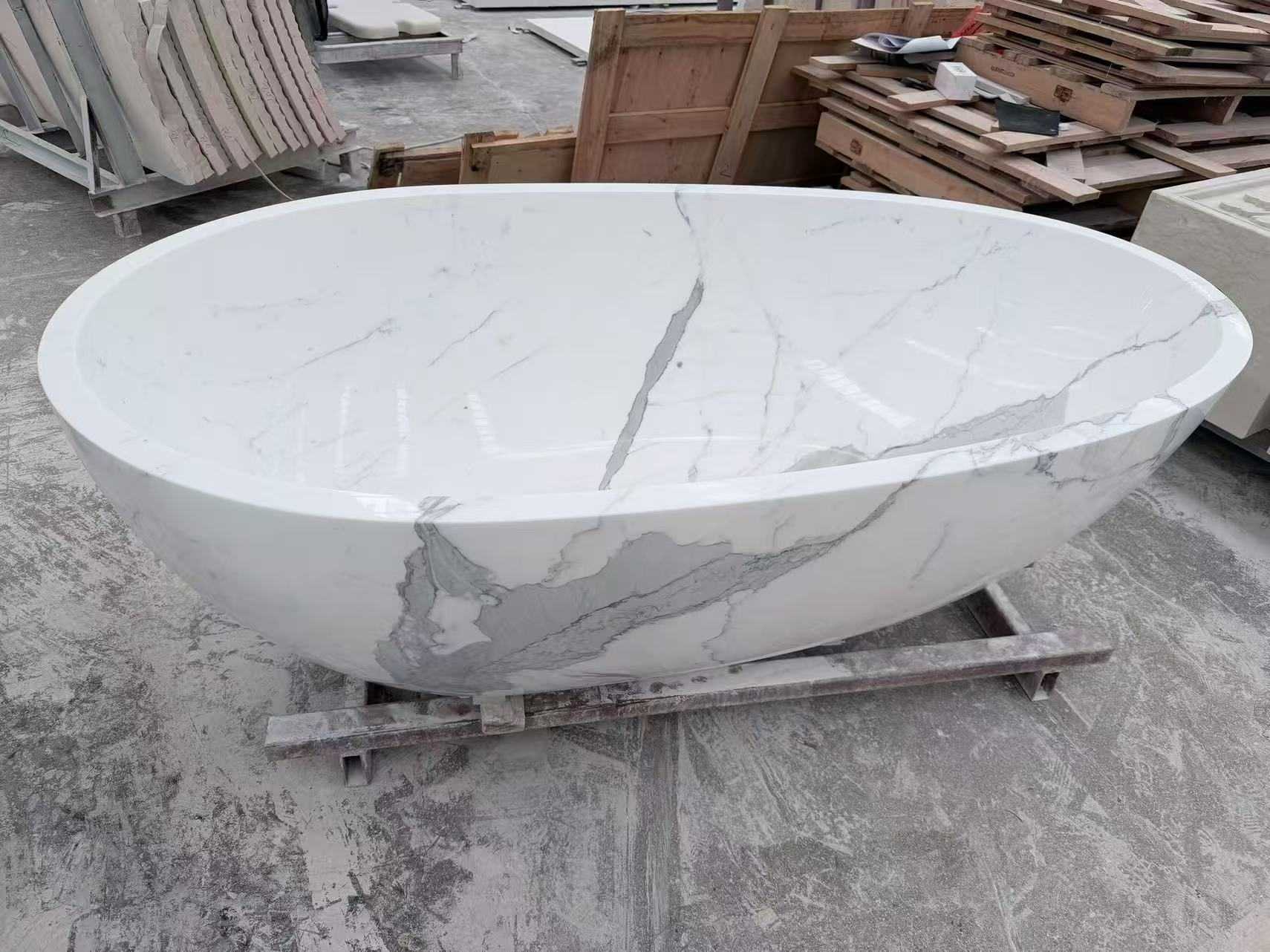 Custom Calacatta White Bathtub Side View Custom Calacatta White marble bathtub with grey veining side view