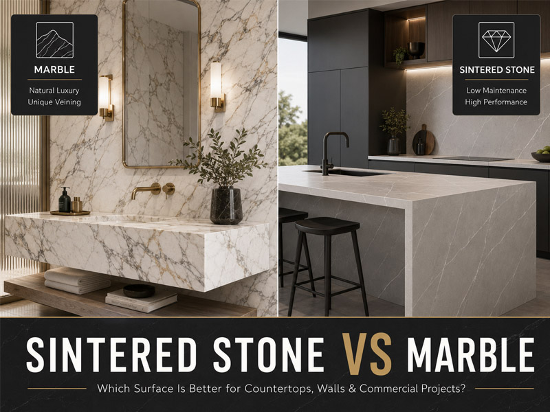 Sintered Stone vs Marmer: Mana Permukaan yang Lebih Baik untuk Meja Dapur, Dinding, dan Proyek Komersial?